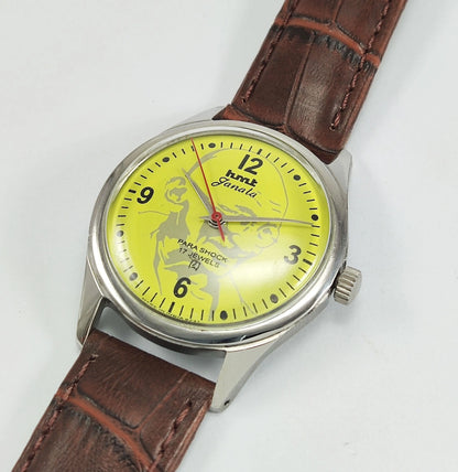 HMT Janata Para Shock 17 Jewels Mahatma Gandhi Yellow Dial Mechanical Hand winding Men's Wrist Watch - Discover-Diamonds