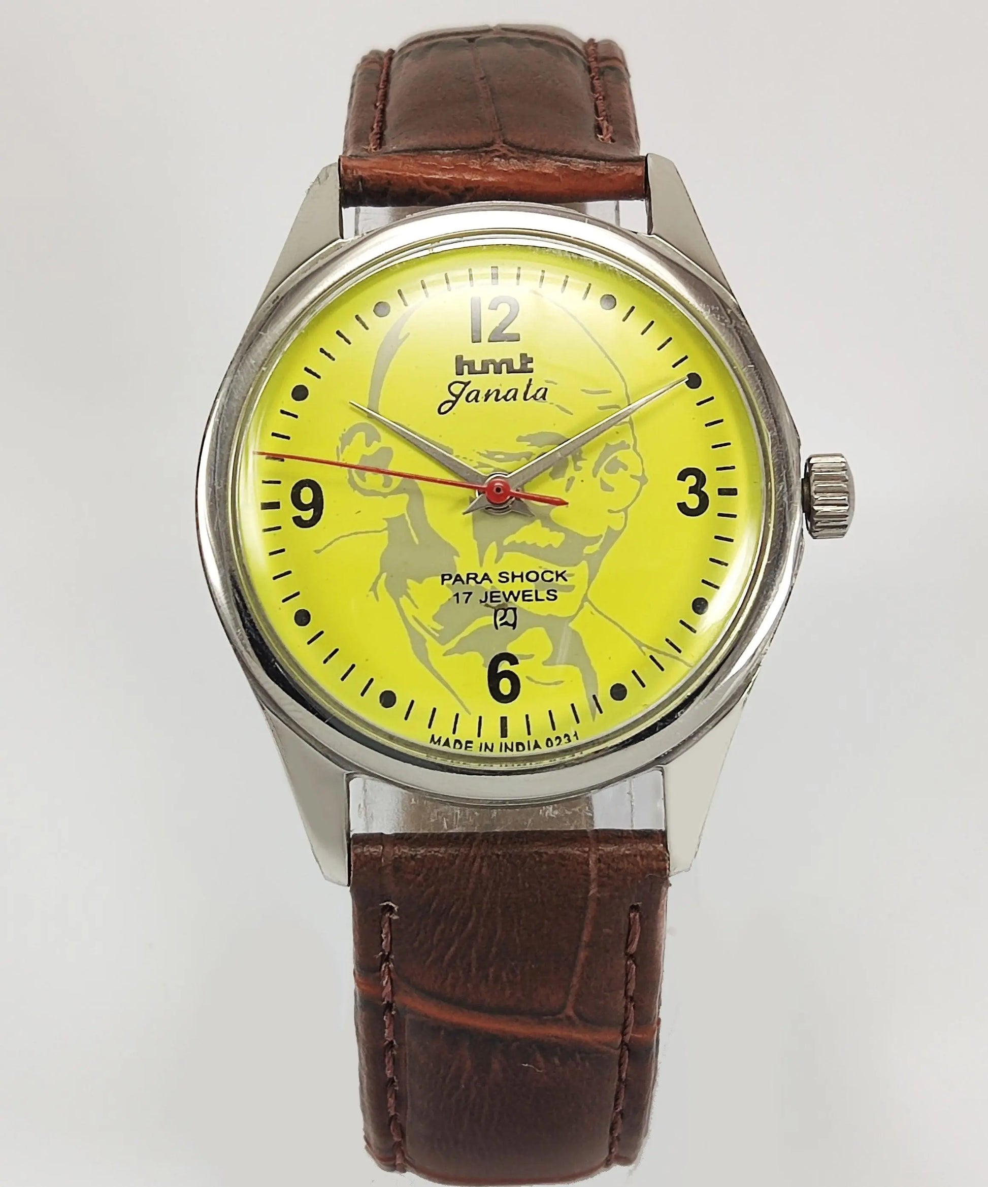 HMT Janata Para Shock 17 Jewels Mahatma Gandhi Yellow Dial Mechanical Hand winding Men's Wrist Watch - Discover-Diamonds