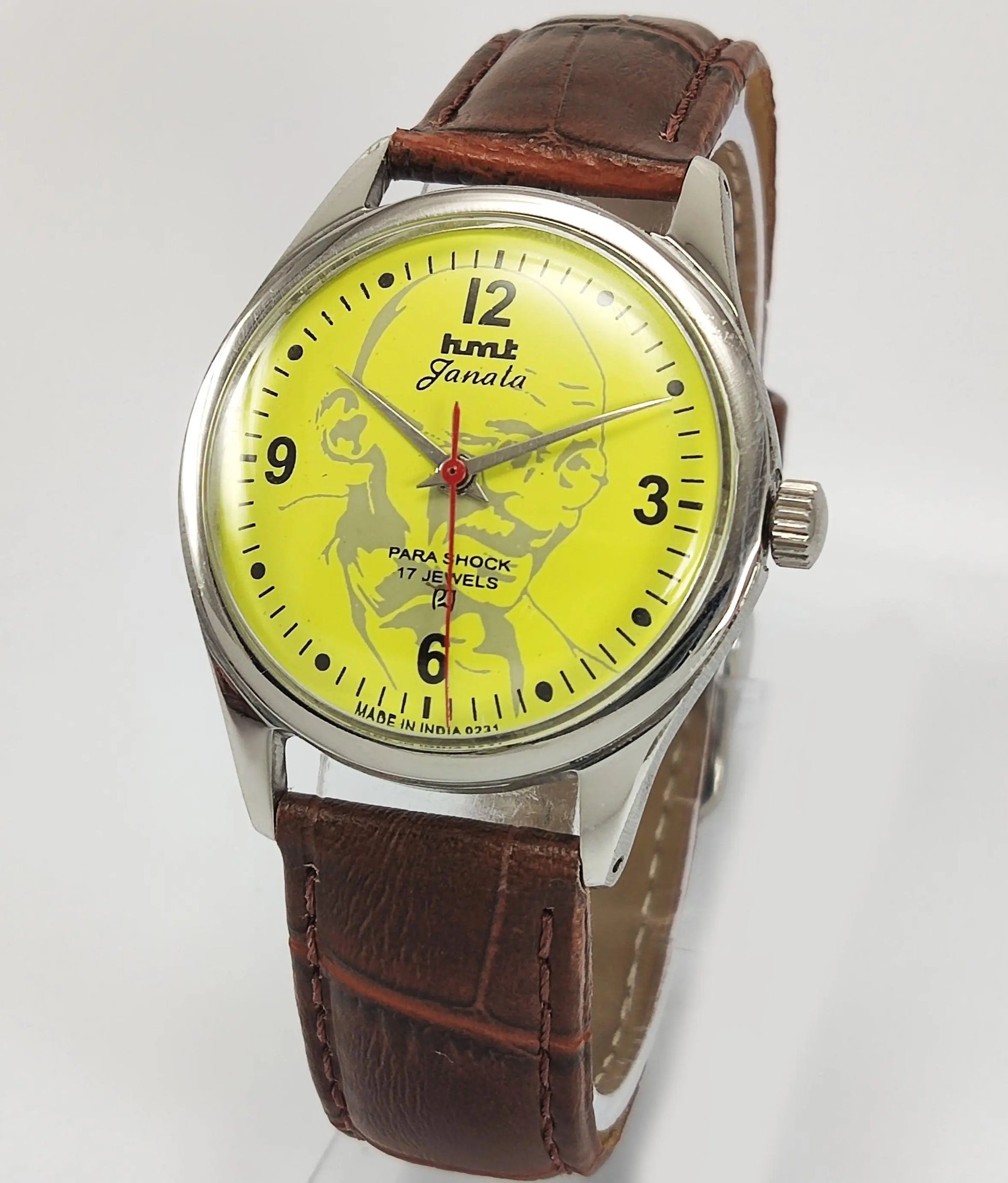 HMT Janata Para Shock 17 Jewels Mahatma Gandhi Yellow Dial Mechanical Hand winding Men's Wrist Watch - Discover-Diamonds