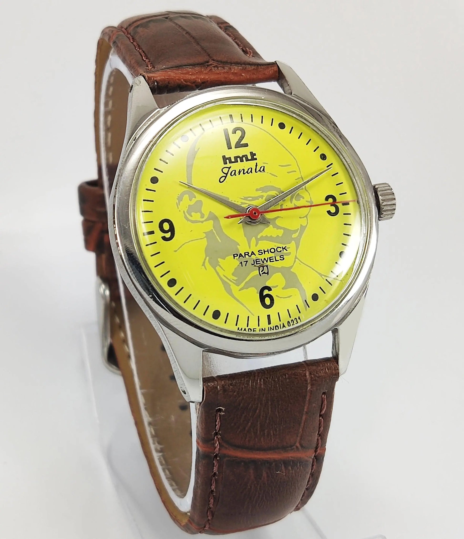 HMT Janata Para Shock 17 Jewels Mahatma Gandhi Yellow Dial Mechanical Hand winding Men's Wrist Watch - Discover-Diamonds