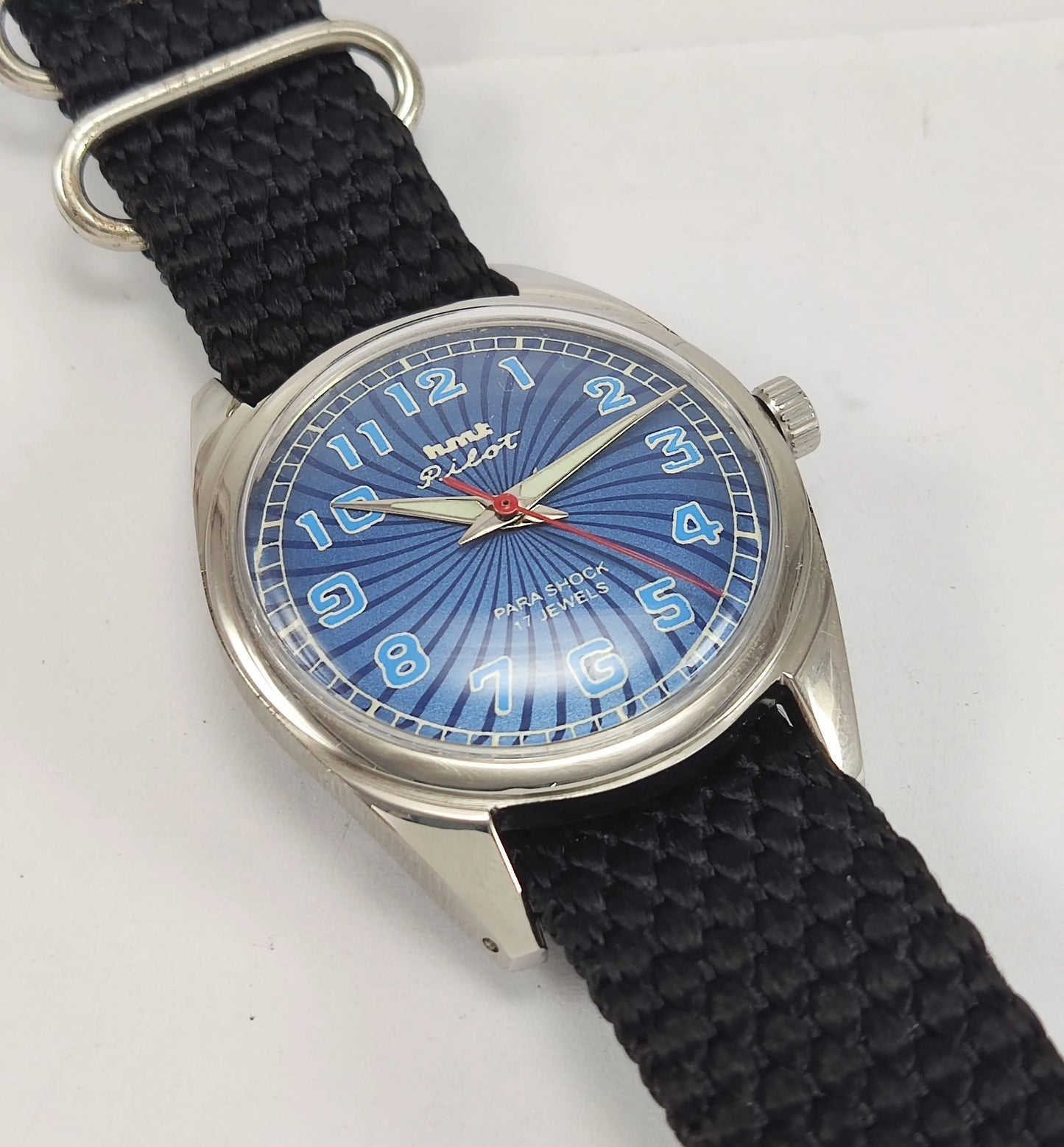 HMT Pilot Para Shock 17 Jewels Blue Dial Mechanical Hand winding Men's Wrist Watch Discover-Diamonds