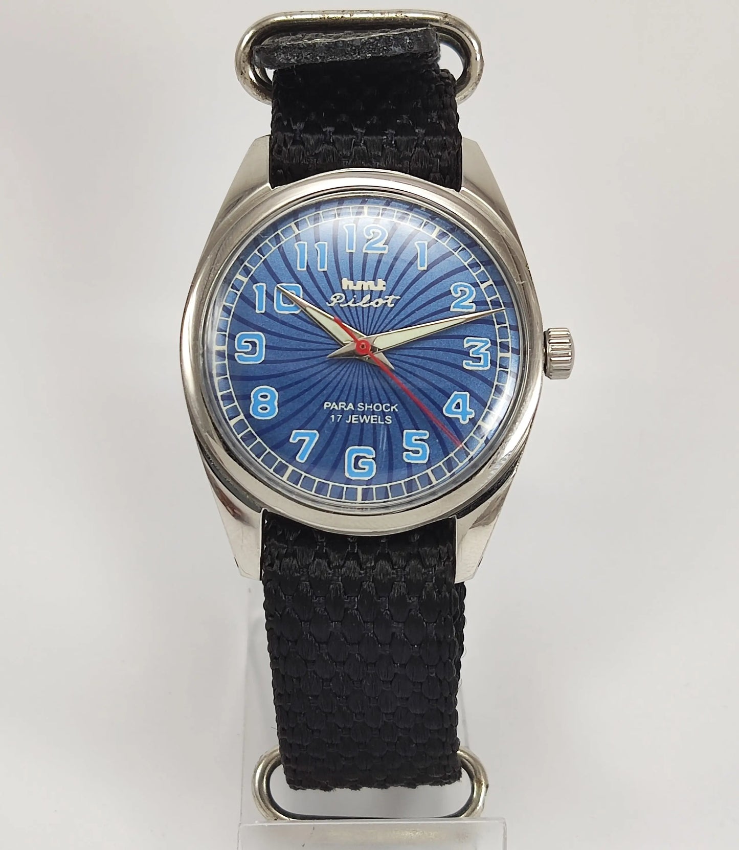 HMT Pilot Para Shock 17 Jewels Blue Dial Mechanical Hand winding Men's Wrist Watch Discover-Diamonds