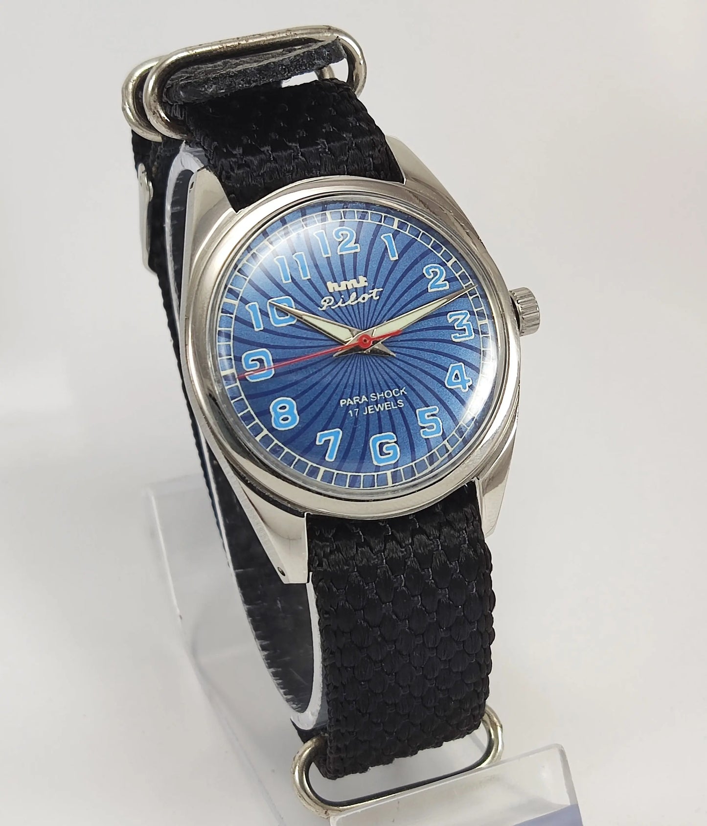 HMT Pilot Para Shock 17 Jewels Blue Dial Mechanical Hand winding Men's Wrist Watch Discover-Diamonds