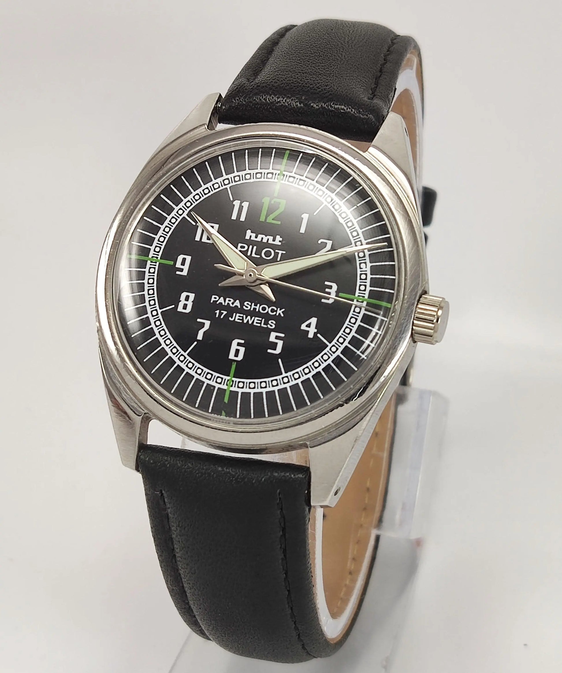 HMT Pilot Para Shock 17 Jewels Black Dial Radium Hands Mechanical Hand winding Men's Wrist Watch - Discover-Diamonds