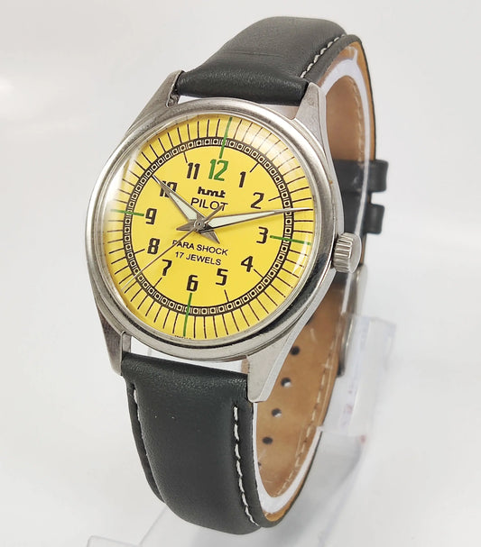 HMT Pilot Para Shock 17 Jewels Yellow Dial Mechanical Hand winding Men's Wrist Watch Discover-Diamonds