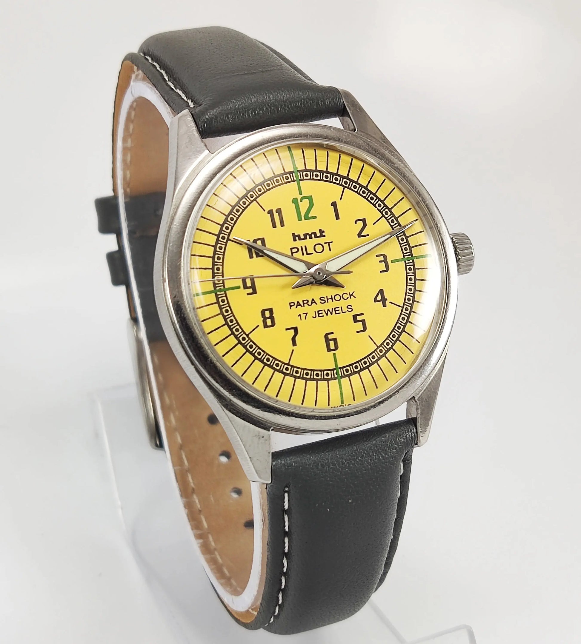 HMT Pilot Para Shock 17 Jewels Yellow Dial Mechanical Hand winding Men's Wrist Watch Discover-Diamonds