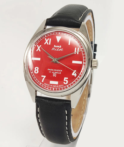 HMT Pilot Para Shock 17 Jewels Red Dial Mechanical Hand winding Men's Wrist Watch Discover-Diamonds