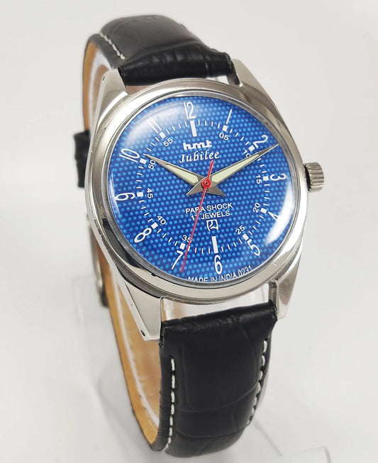 HMT Jubilee Para Shock 17 Jewels Blue Dial Mechanical Hand winding Men's Wrist Watch Discover-Diamonds