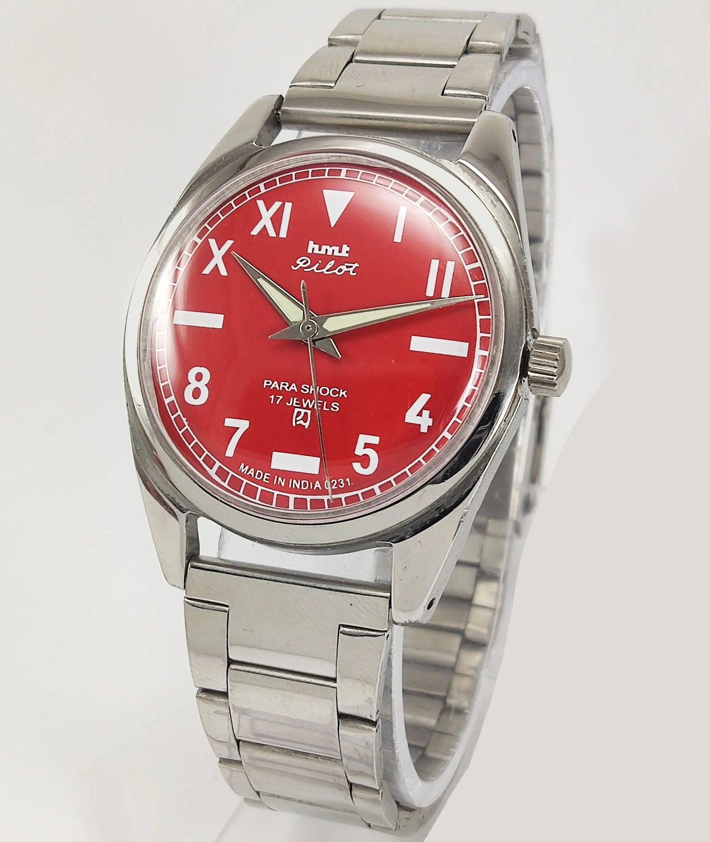 HMT Pilot Para Shock 17 Jewels Red Dial Mechanical Hand winding Men's Wrist Watch Discover-Diamonds