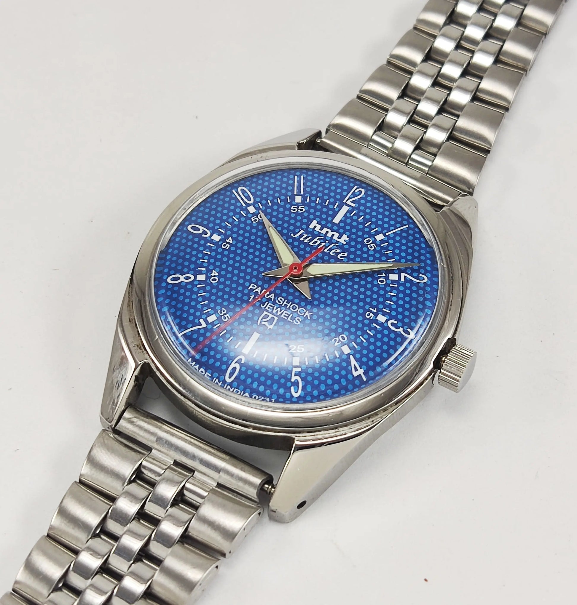 HMT Jubilee Para Shock 17 Jewels Blue Dial Mechanical Hand winding Men's Wrist Watch Discover-Diamonds