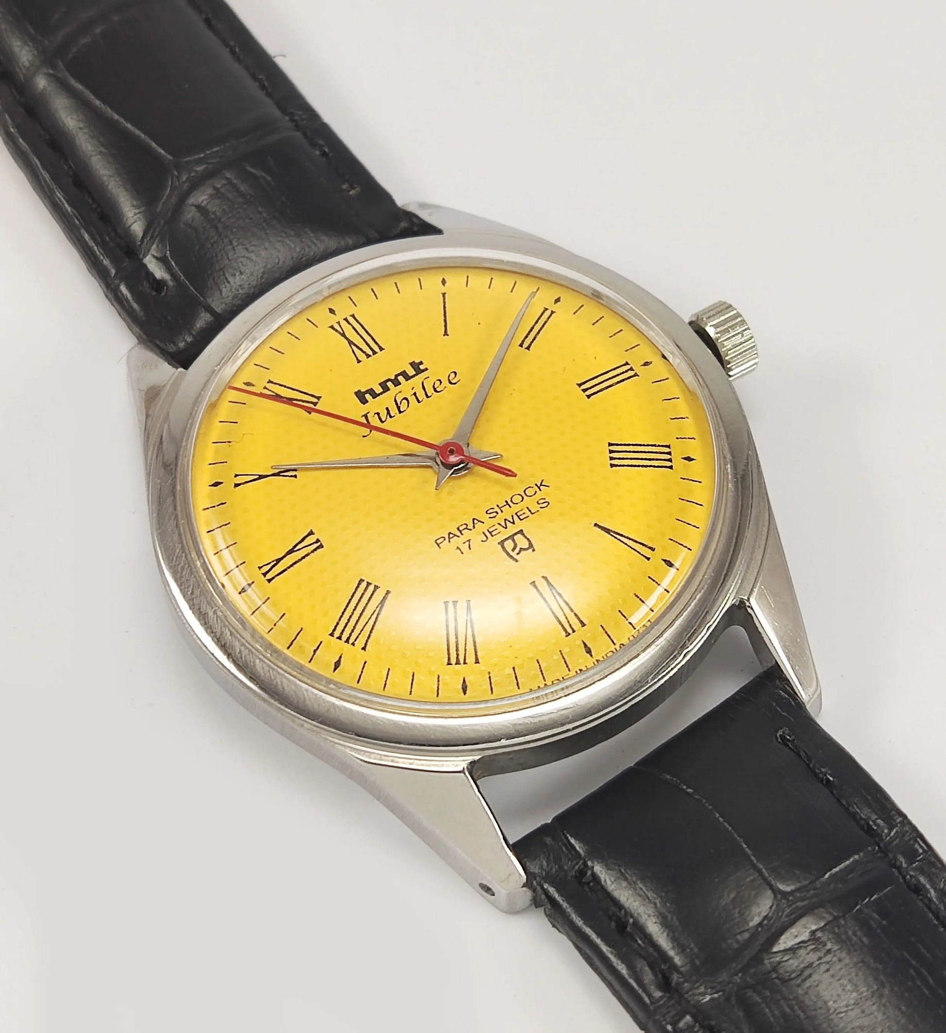 HMT Jubilee Para Shock 17 Jewels Yellow Dial Mechanical Hand winding Men's Wrist Watch Discover-Diamonds