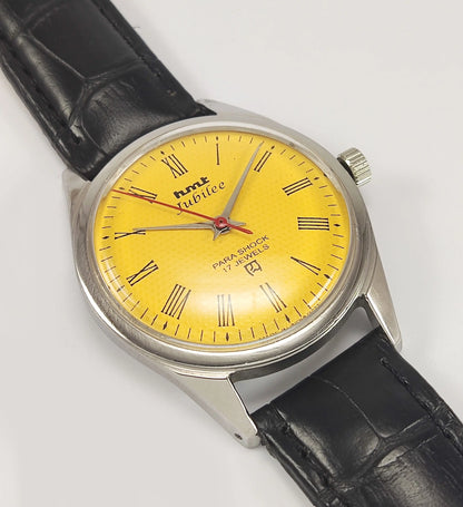HMT Jubilee Para Shock 17 Jewels Yellow Dial Mechanical Hand winding Men's Wrist Watch Discover-Diamonds