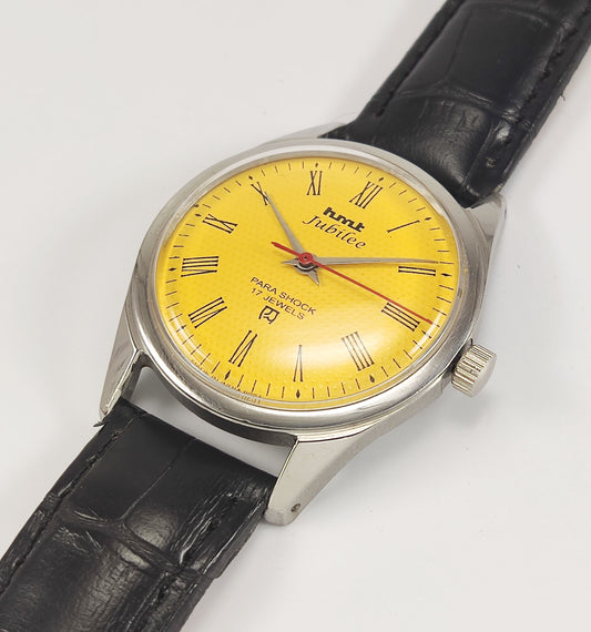 HMT Jubilee Para Shock 17 Jewels Yellow Dial Mechanical Hand winding Men's Wrist Watch Discover-Diamonds