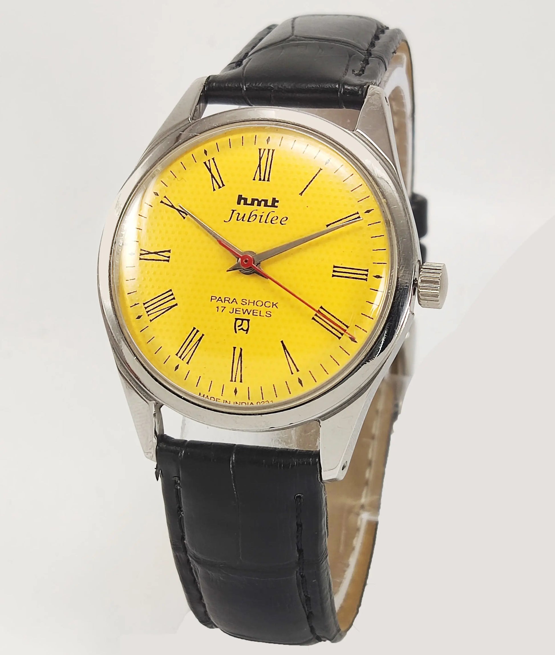 HMT Jubilee Para Shock 17 Jewels Yellow Dial Mechanical Hand winding Men's Wrist Watch Discover-Diamonds