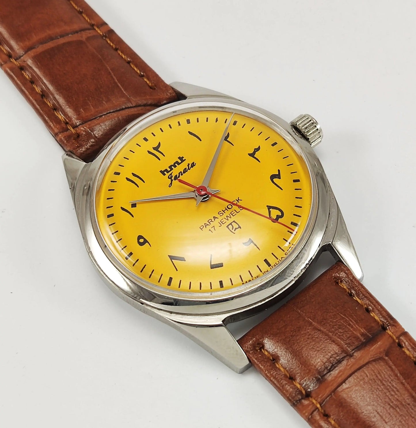 HMT Janata Para Shock 17 Jewels Urdu/Arabic Sun Yellow Dial Mechanical Hand winding Men's Wrist Watch - Discover-Diamonds