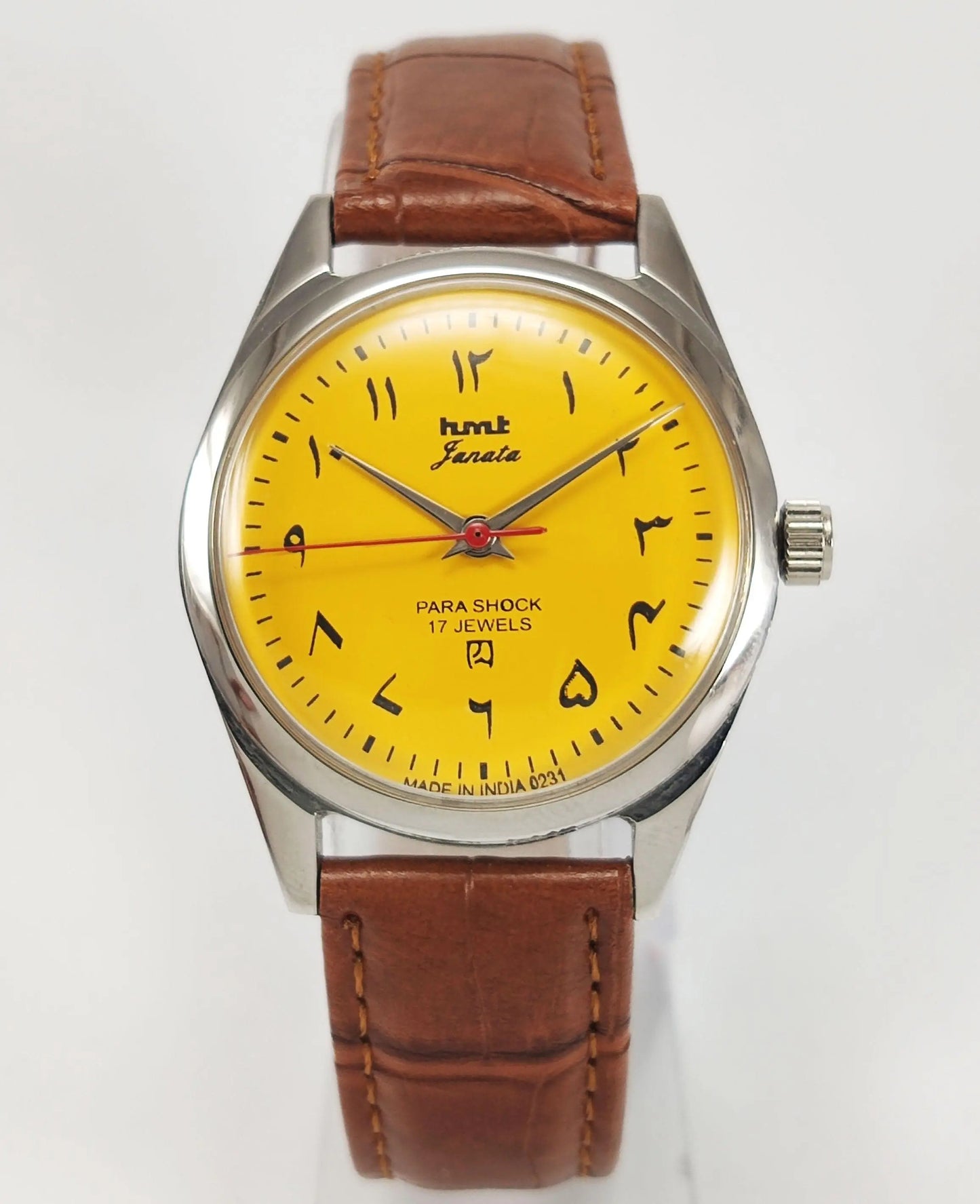 HMT Janata Para Shock 17 Jewels Urdu/Arabic Sun Yellow Dial Mechanical Hand winding Men's Wrist Watch - Discover-Diamonds