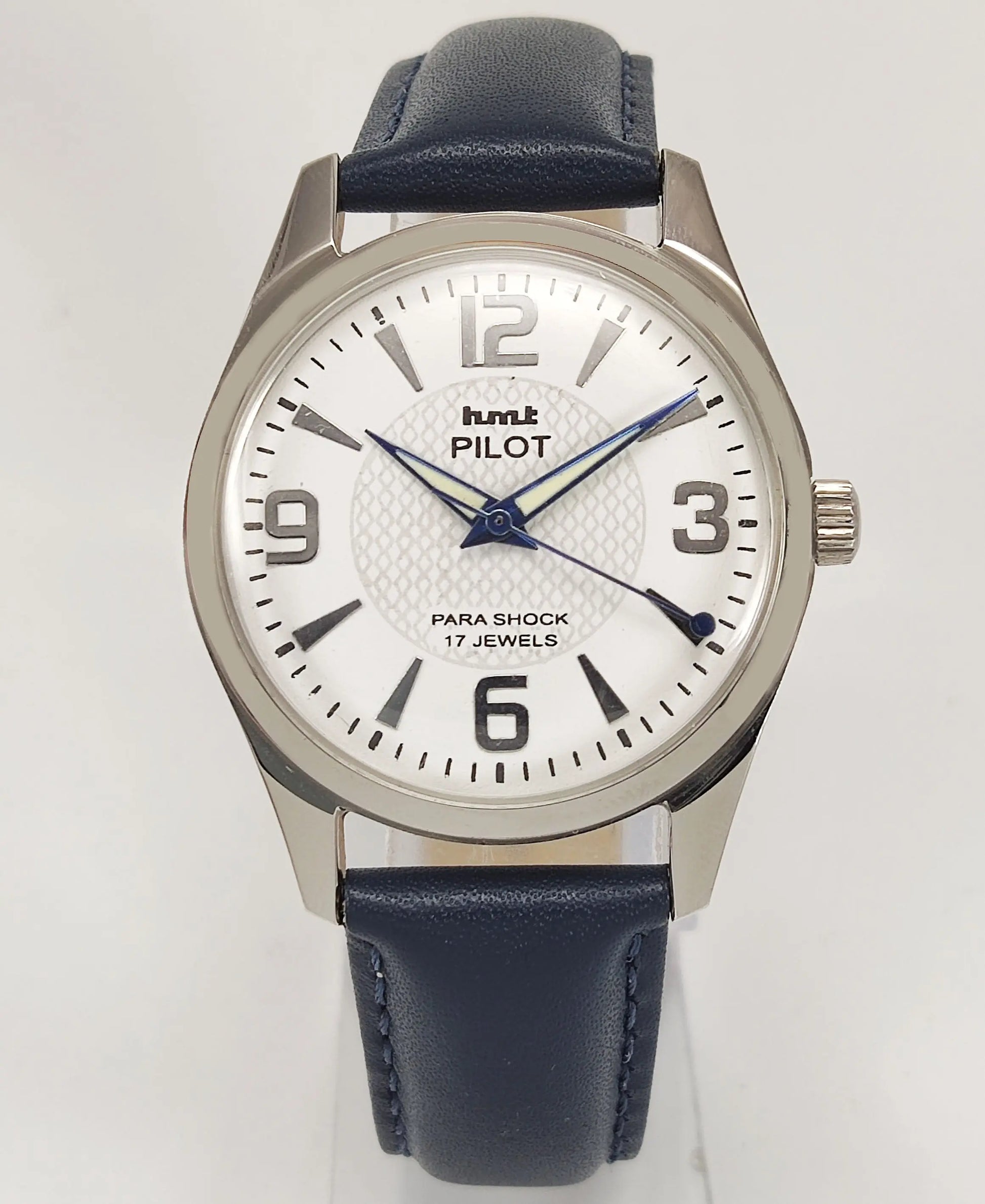 HMT Pilot Para Shock 17 Jewels White Dial Transparent Back Mechanical Hand winding Men's Wrist Watch Discover-Diamonds