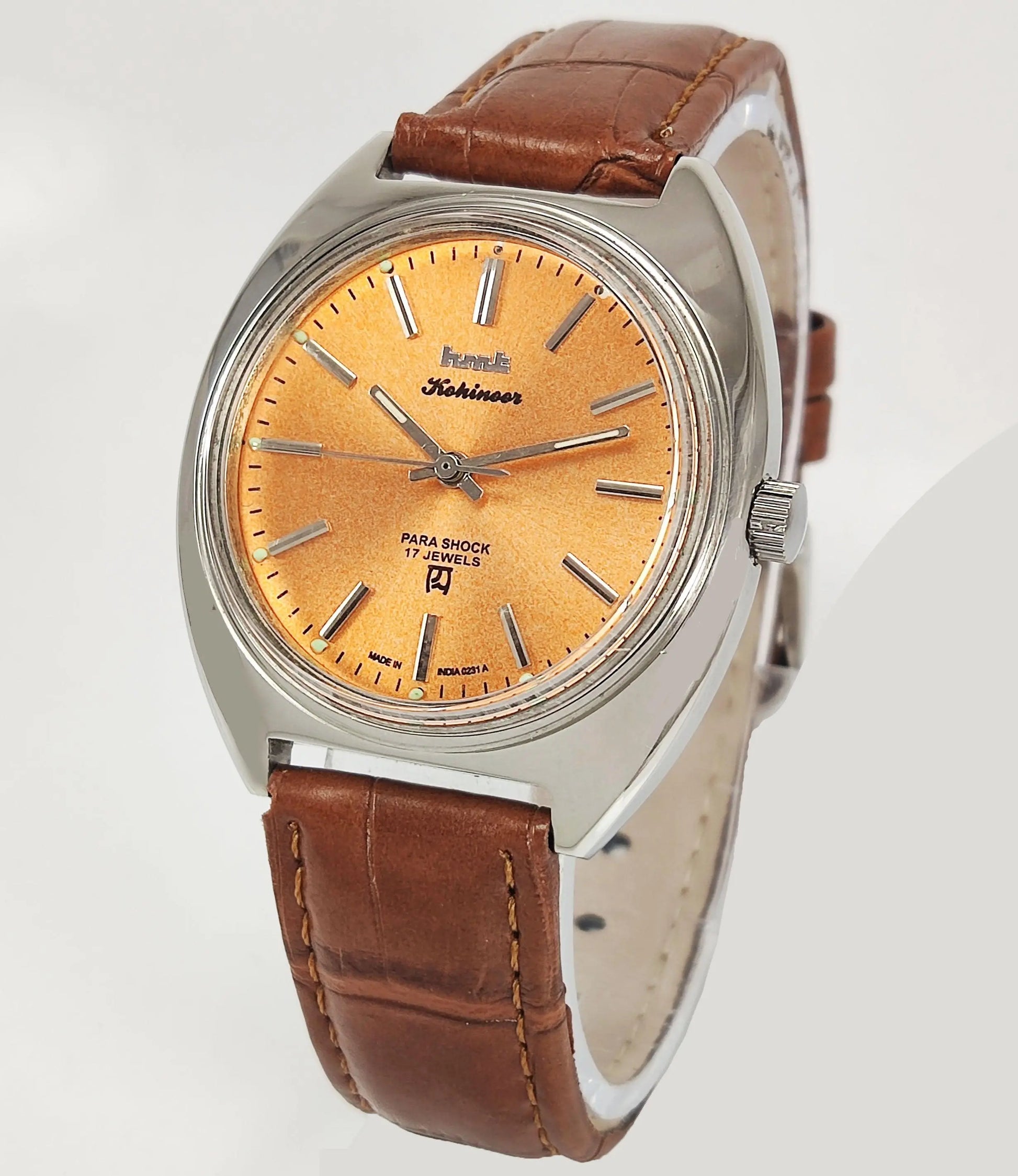 HMT Kohinoor Para Shock 17 Jewels Orange Dial Mechanical Hand winding Men's Wrist Watch - Discover-Diamonds