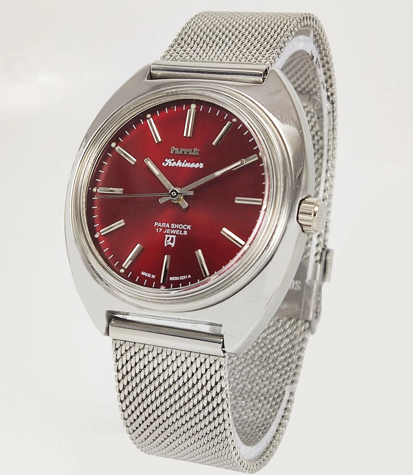 HMT Kohinoor Para Shock 17 Jewels Maroon Red Dial Mechanical Hand winding Men's Wrist Watch - Discover-Diamonds