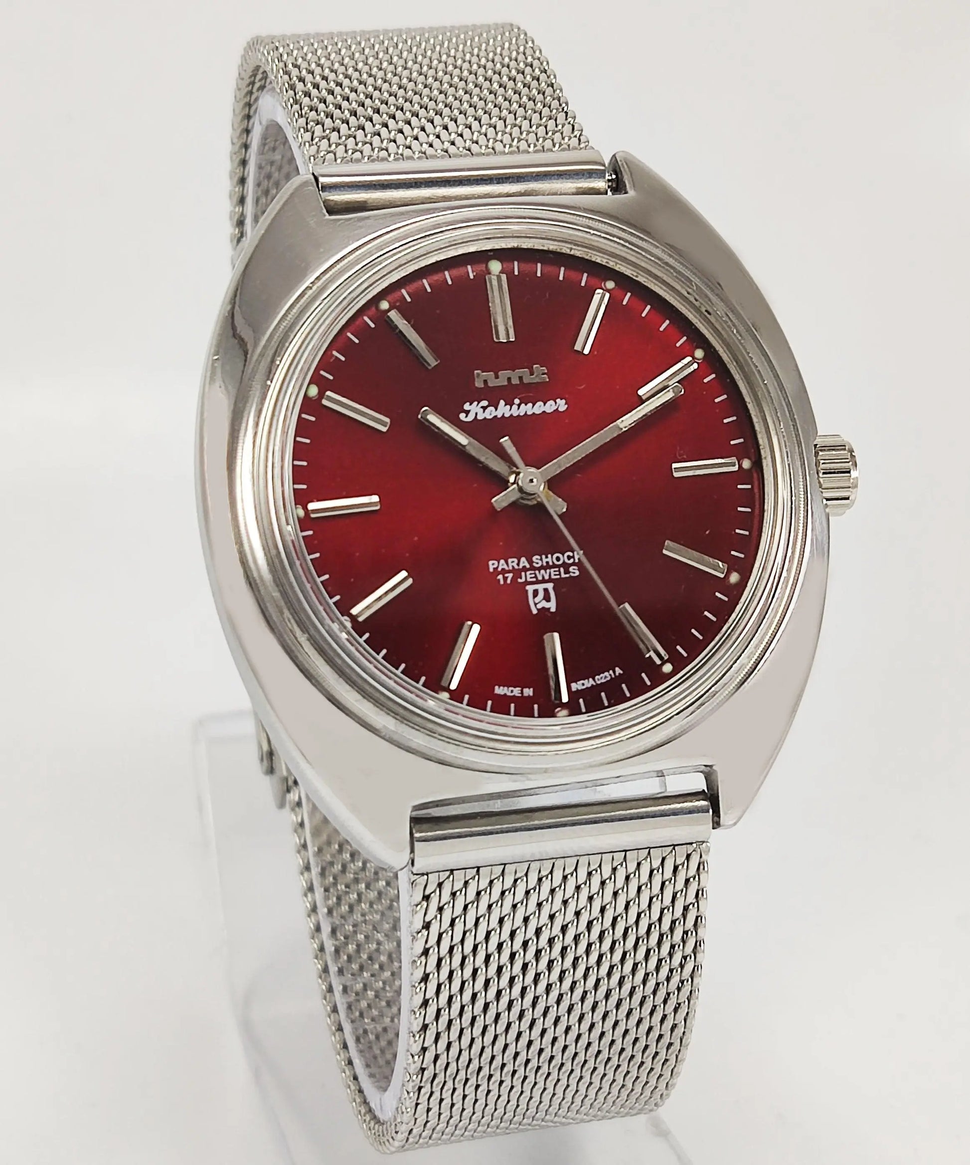 HMT Kohinoor Para Shock 17 Jewels Maroon Red Dial Mechanical Hand winding Men's Wrist Watch - Discover-Diamonds