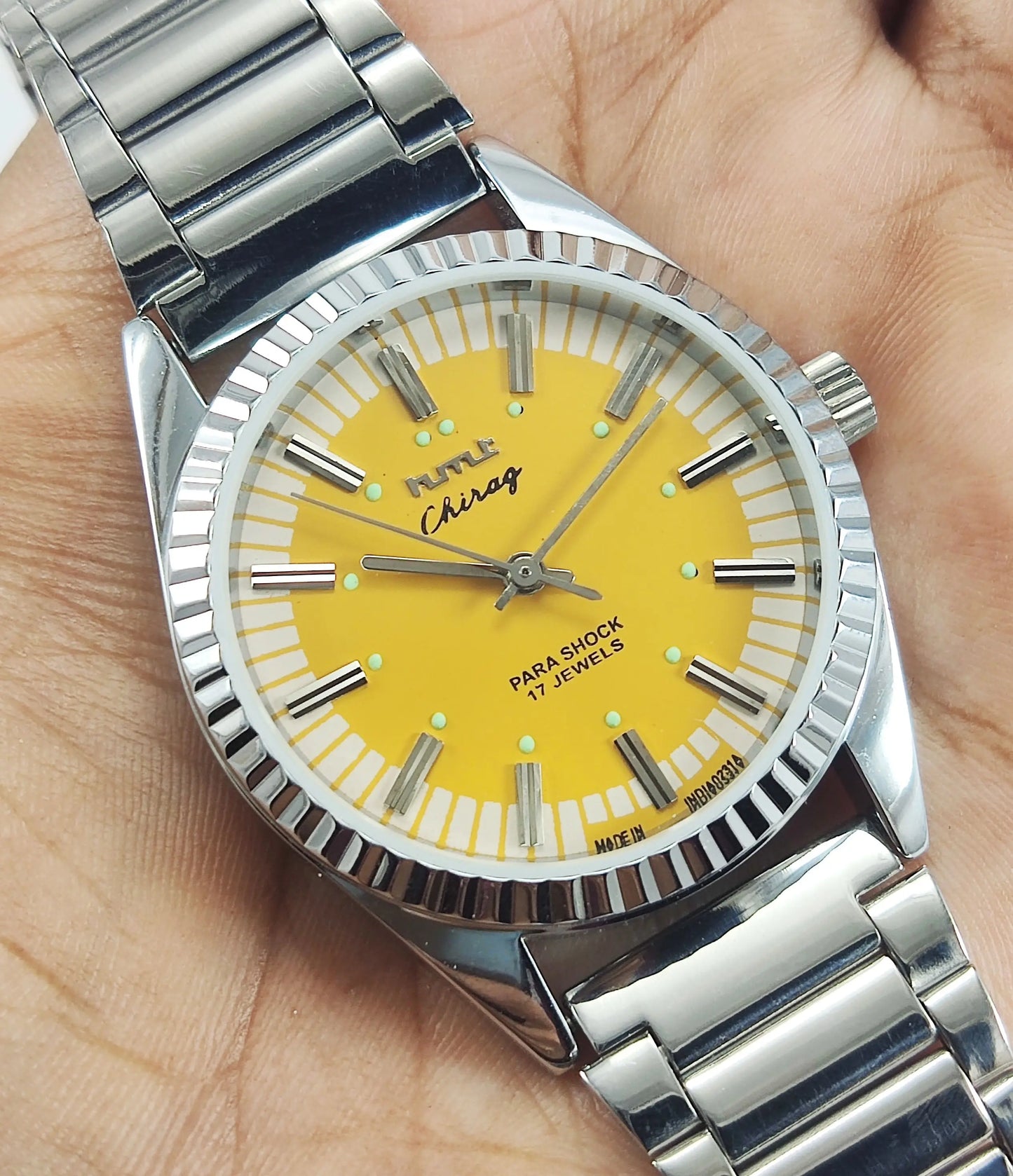 HMT Chirag Para Shock 17 Jewels Sun Yellow Dial Mechanical Hand winding Men's Wrist Watch Discover-Diamonds