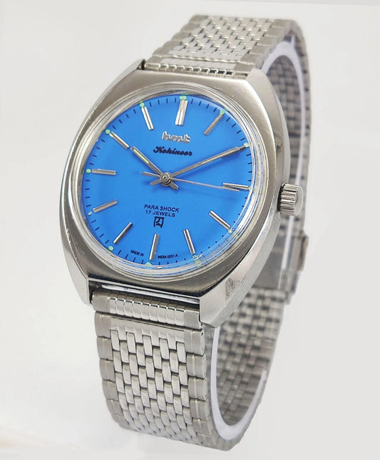 HMT Kohinoor Para Shock 17 Jewels Blue Dial Transparent Back Mechanical Hand winding Men's Wrist Watch - Discover-Diamonds