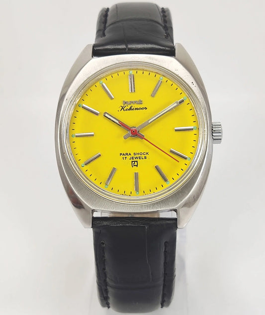 HMT Kohinoor Para Shock 17 Jewels Yellow Dial Mechanical Hand winding Men's Wrist Watch Discover-Diamonds