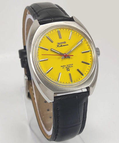 HMT Kohinoor Para Shock 17 Jewels Yellow Dial Mechanical Hand winding Men's Wrist Watch Discover-Diamonds