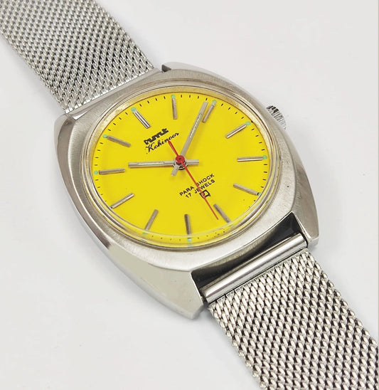 HMT Kohinoor Para Shock 17 Jewels Yellow Dial Mechanical Hand winding Men's Wrist Watch Discover-Diamonds