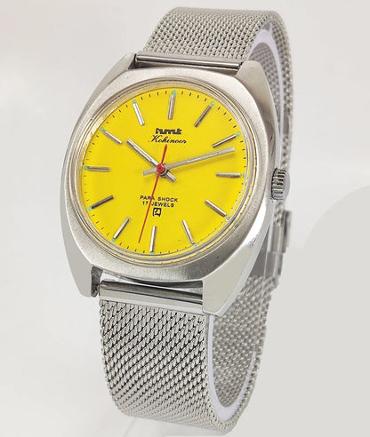 HMT Kohinoor Para Shock 17 Jewels Yellow Dial Mechanical Hand winding Men's Wrist Watch Discover-Diamonds