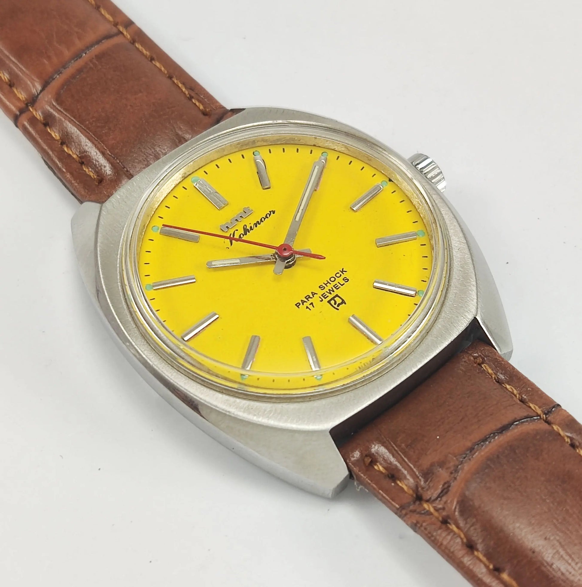 HMT Kohinoor Para Shock 17 Jewels Yellow Dial Mechanical Hand winding Men's Wrist Watch Discover-Diamonds