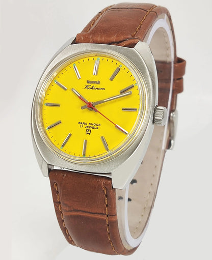 HMT Kohinoor Para Shock 17 Jewels Yellow Dial Mechanical Hand winding Men's Wrist Watch Discover-Diamonds