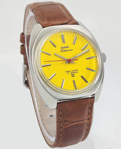 HMT Kohinoor Para Shock 17 Jewels Yellow Dial Mechanical Hand winding Men's Wrist Watch Discover-Diamonds