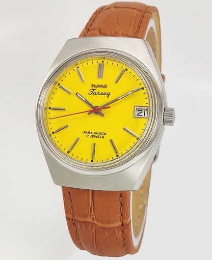 HMT Tareeq Para Shock 17 Jewels Yellow Dial Date Function Mechanical Hand winding Men's Wrist Watch - Discover-Diamonds