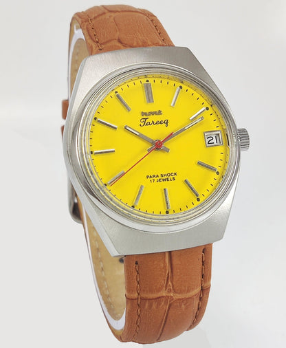 HMT Tareeq Para Shock 17 Jewels Yellow Dial Date Function Mechanical Hand winding Men's Wrist Watch - Discover-Diamonds