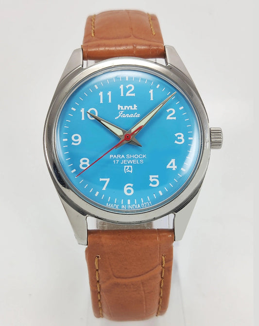 HMT Janata Para Shock 17 Jewels Sky Blue Radium Hands Dial Mechanical Hand winding Men's Wrist Watch - Discover-Diamonds