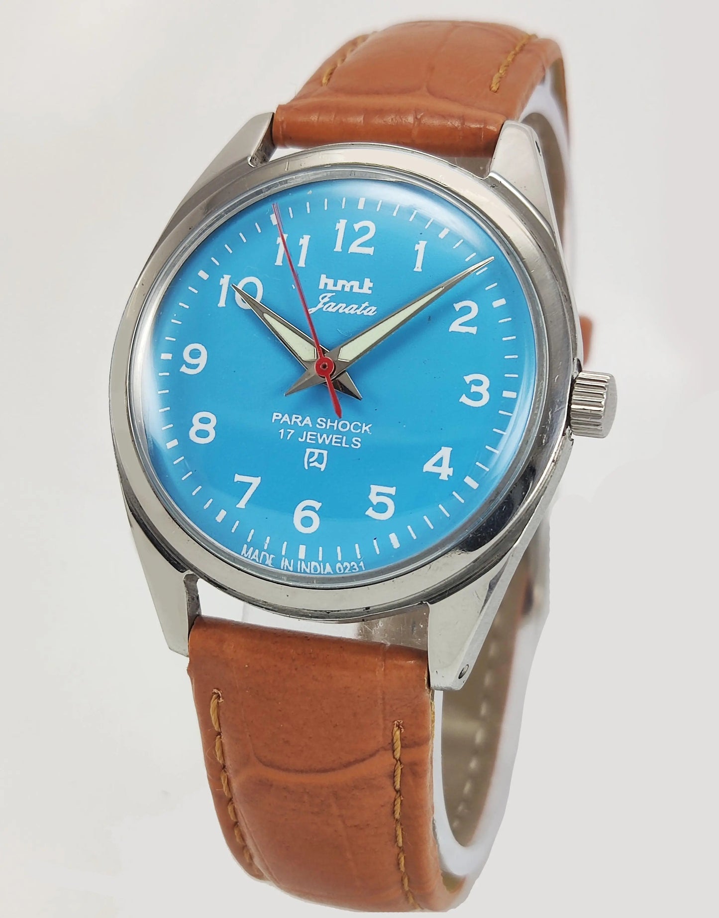 HMT Janata Para Shock 17 Jewels Sky Blue Radium Hands Dial Mechanical Hand winding Men's Wrist Watch - Discover-Diamonds