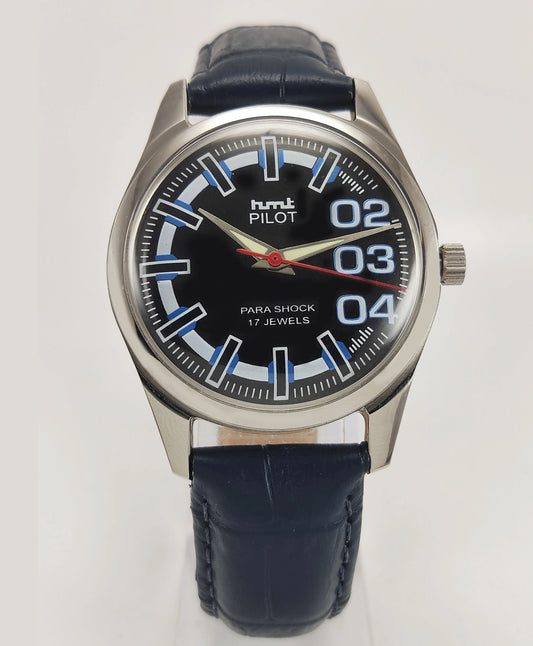 HMT Pilot Para Shock 17 Jewels Black Dial Radium Hands Transparent Back Mechanical Hand winding Men's Wrist Watch Discover-Diamonds