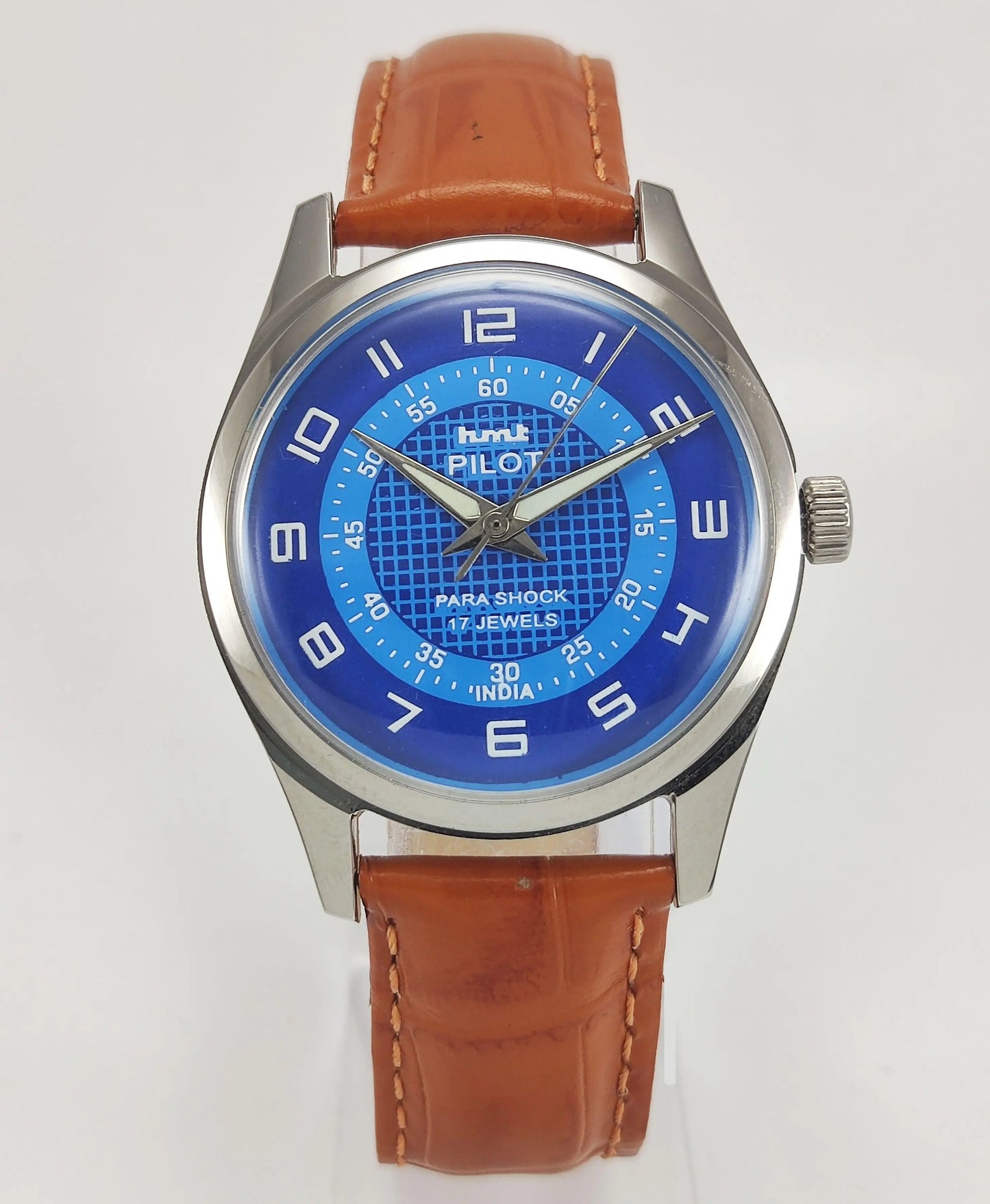 HMT Pilot Para Shock 17 Jewels Blue Dial Transparent Back Mechanical Hand winding Men's Wrist Watch - Discover-Diamonds