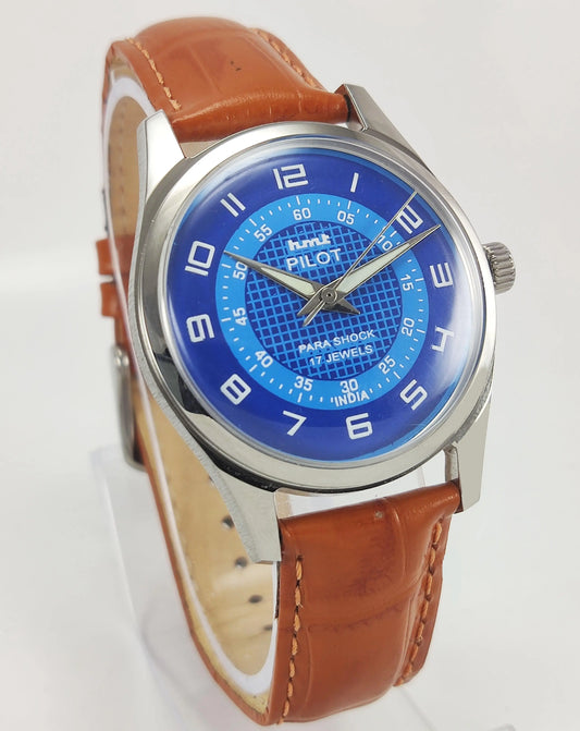 HMT Pilot Para Shock 17 Jewels Blue Dial Transparent Back Mechanical Hand winding Men's Wrist Watch - Discover-Diamonds