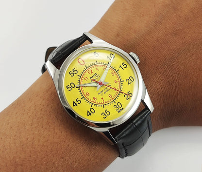 HMT Pilot Para Shock 17 Jewels Yellow Dial Transparent Back Mechanical Hand winding Men's Wrist Watch Discover-Diamonds