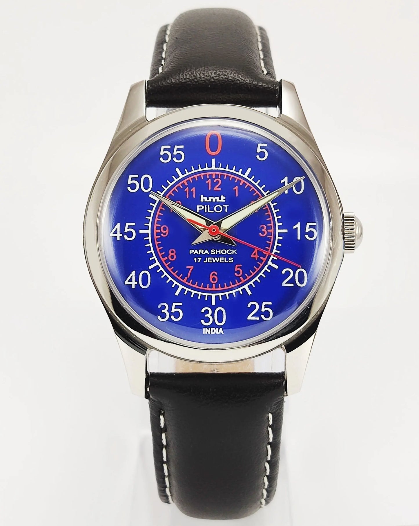 HMT Pilot Para Shock 17 Jewels Blue Dial Transparent Back Mechanical Hand winding Men's Wrist Watch Discover-Diamonds