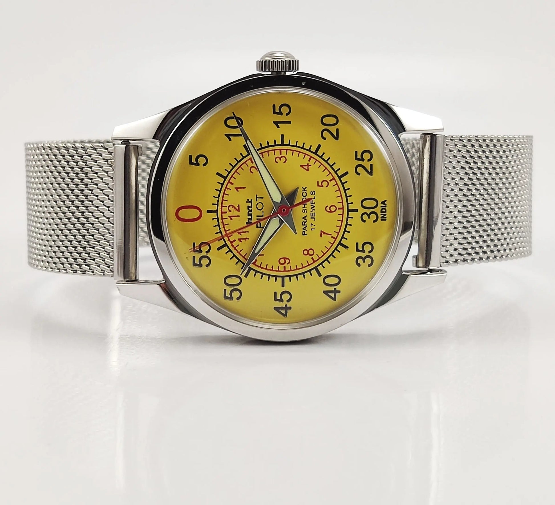 HMT Pilot Para Shock 17 Jewels Yellow Dial Transparent Back Mechanical Hand winding Men's Wrist Watch Discover-Diamonds