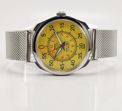 HMT Pilot Para Shock 17 Jewels Yellow Dial Transparent Back Mechanical Hand winding Men's Wrist Watch Discover-Diamonds