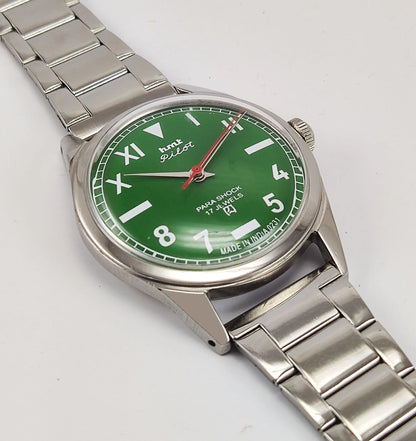 HMT Pilot Para Shock 17 Jewels Green Dial Mechanical Hand winding Men's Wrist Watch - Discover-Diamonds