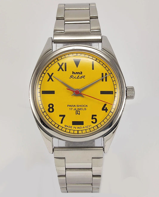 HMT Pilot Para Shock 17 Jewels Sun Yellow Dial Mechanical Hand winding Men's Wrist Watch - Discover-Diamonds