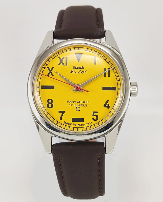 HMT Pilot Para Shock 17 Jewels Sun Yellow Dial Mechanical Hand winding Men's Wrist Watch 0231 - Discover-Diamonds