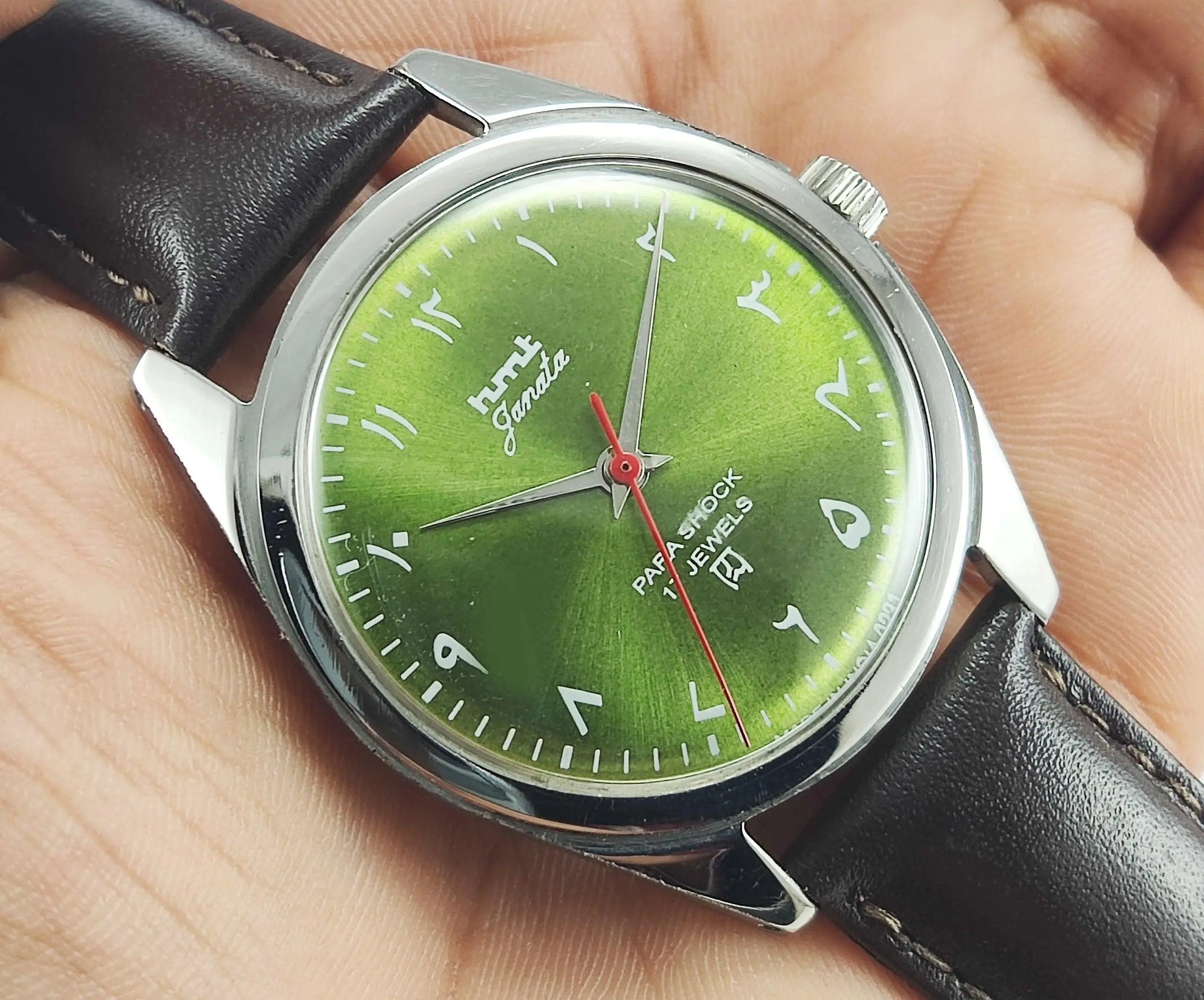 HMT Janata Para Shock 17 Jewels Urdu/Arabic Apple Green Dial Mechanical Hand winding Men's Wrist Watch - Discover-Diamonds