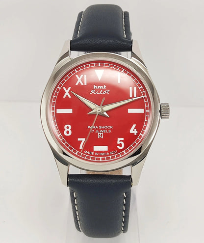 HMT Pilot Para Shock 17 Jewels Red Dial Transparent Back Mechanical Hand winding Men's Wrist Watch - Discover-Diamonds