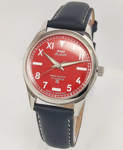 HMT Pilot Para Shock 17 Jewels Red Dial Transparent Back Mechanical Hand winding Men's Wrist Watch - Discover-Diamonds